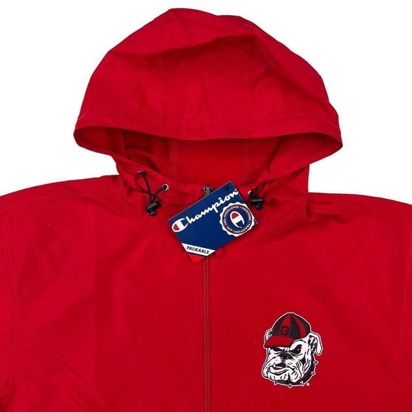 New Champion Men US S Red Jacket Windbreaker Anorak Hood Sport Casual Bulldog  - Picture 6 of 13